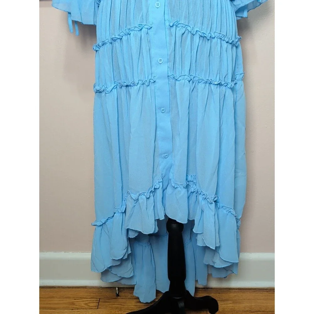 Womens Boho Large Baby Blue Sheer Chiffon Ruffled Tiered High Low Dress - Picture 5 of 15